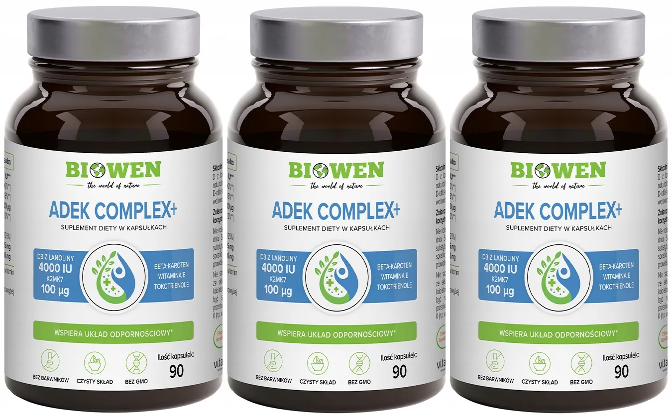 Витамины A, D, E, K Biowen ADEK Complex+, D3 4000 МЕ и K2 MK-7, 3 упаковки по 90 капсул
