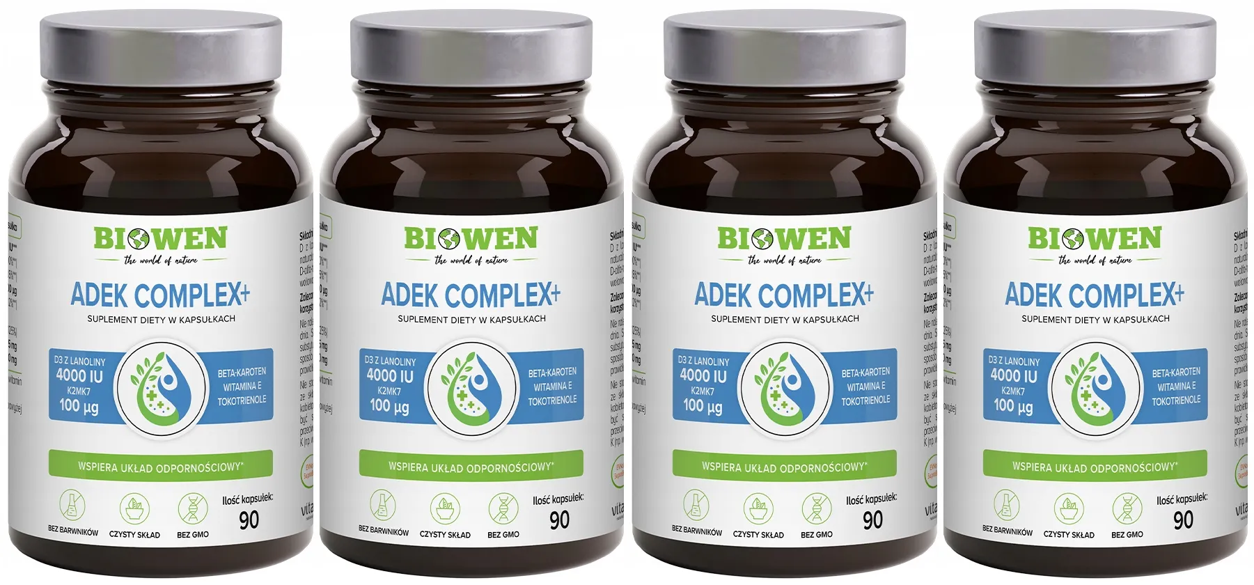 Витамины A, D, E, K Biowen ADEK Complex+, D3 4000 МЕ и K2 MK-7, 4 упаковки по 90 капсул