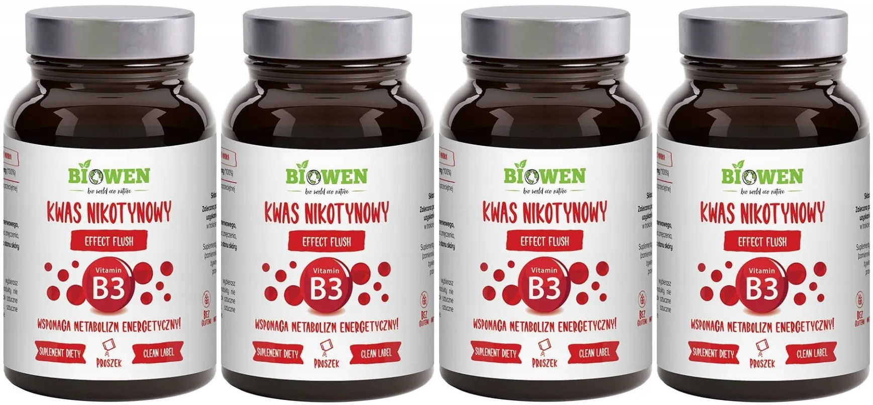 Витамин B3 Biowen, никотиновая кислота, порошок, 4 упаковки по 120 г