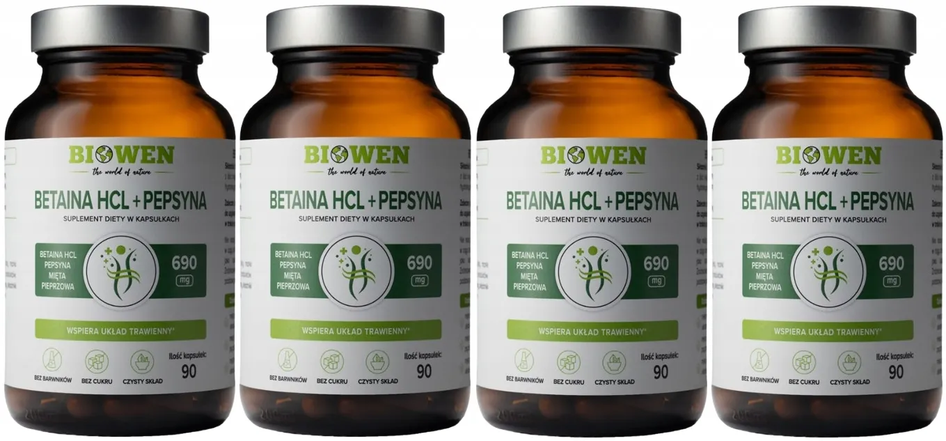 Бетаин HCL Biowen, с пепсином и перечной мятой, для пищеварения, 4 упаковки по 90 капсул