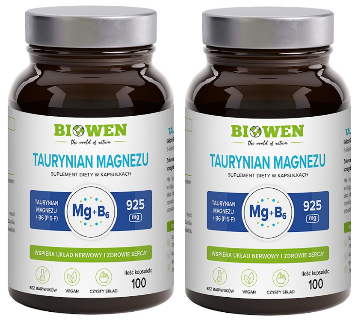 Магний Biowen, таурат магния 920 мг, с витамином B6 P-5-P, 2 упаковки по 100 капсул
