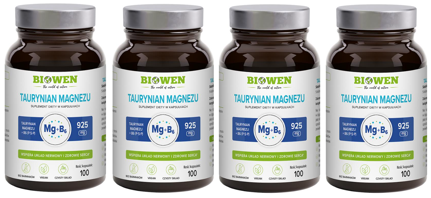 Магний Biowen, таурат магния 920 мг, с витамином B6 P-5-P, 4 упаковки по 100 капсул