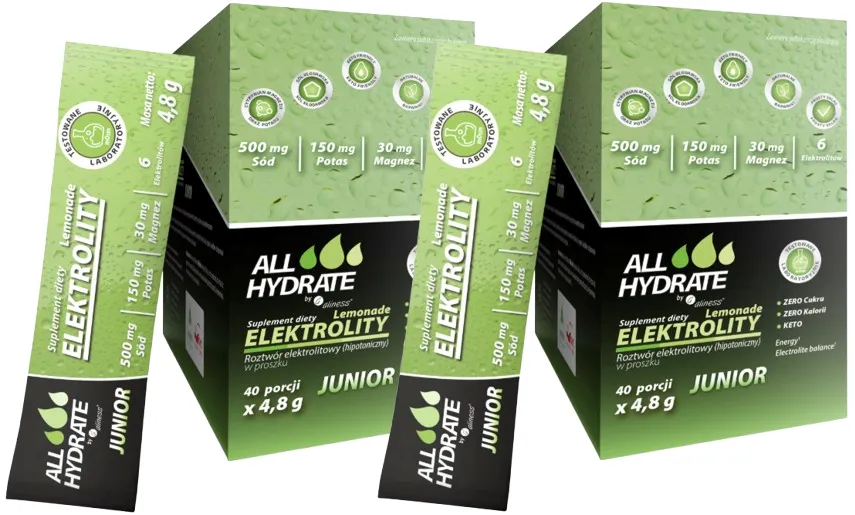 Электролиты для детей Aliness ALLHydrate Junior, лимонад, порошок в стиках, набор 2 упаковки по 40 шт