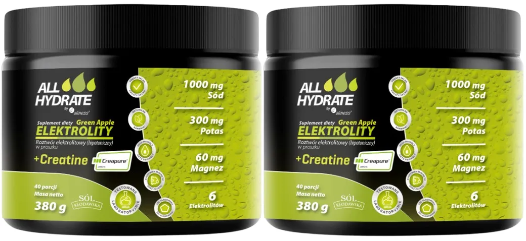 Электролиты Aliness ALLHydrate с креатином, вкус зелёное яблоко, порошок, 2 упаковки по 380 г