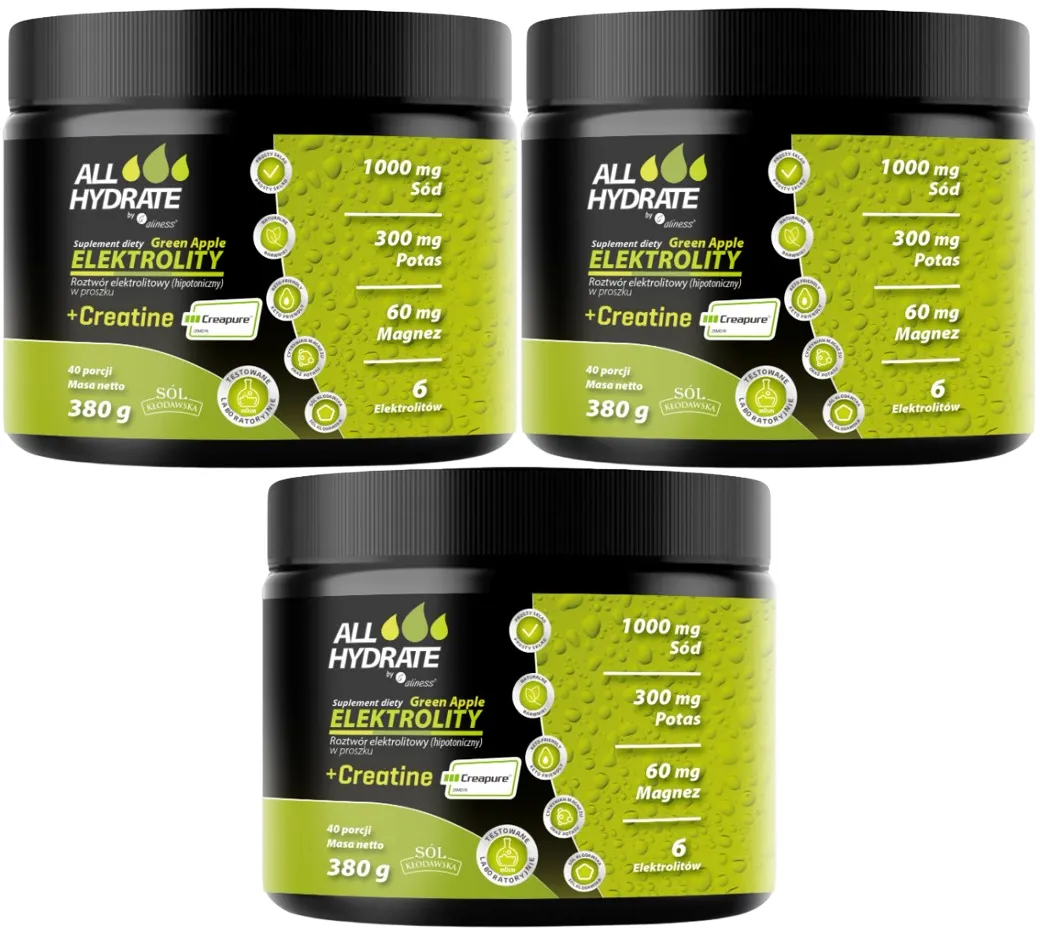 Электролиты Aliness ALLHydrate с креатином, вкус зелёное яблоко, порошок, 3 упаковки по 380 г