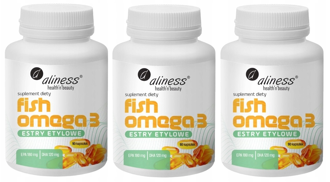 Омега-3 Aliness Fish Omega 3, EPA 180 мг и DHA 120 мг, этиловые эфиры, 3 упаковки по 90 капсул