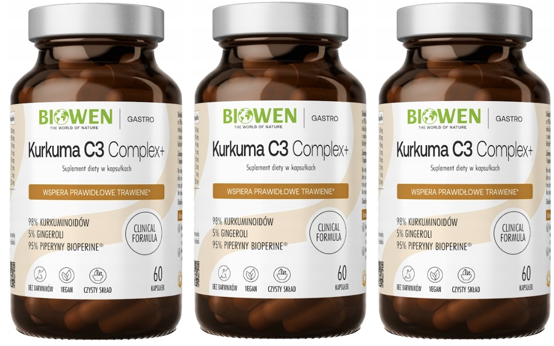 Экстракт куркумы Biowen Kurkuma C3 Complex+, с имбирём и BioPerine, 3 упаковки по 60 капсул