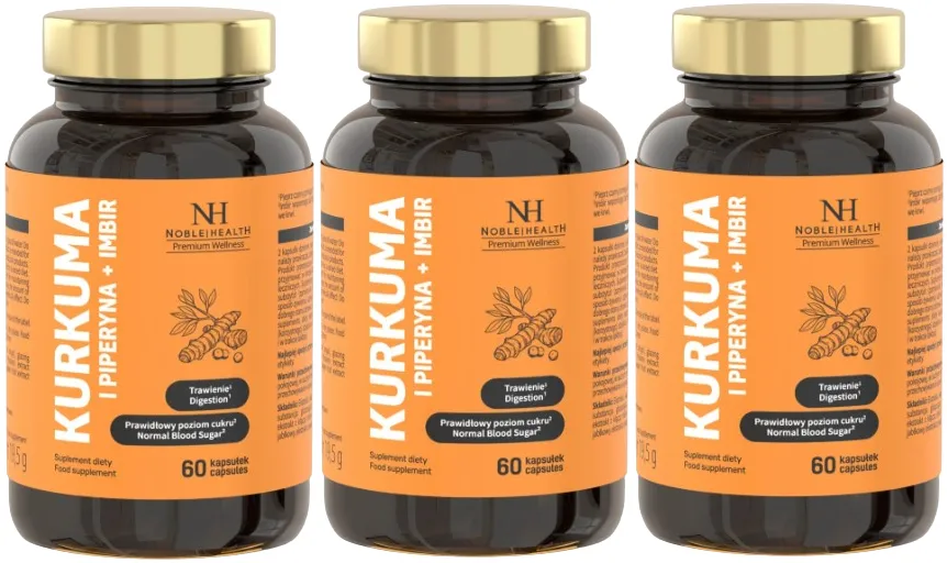 Экстракт куркумы Noble Health с пиперином и имбирём, 60 капсул, 3 упаковки