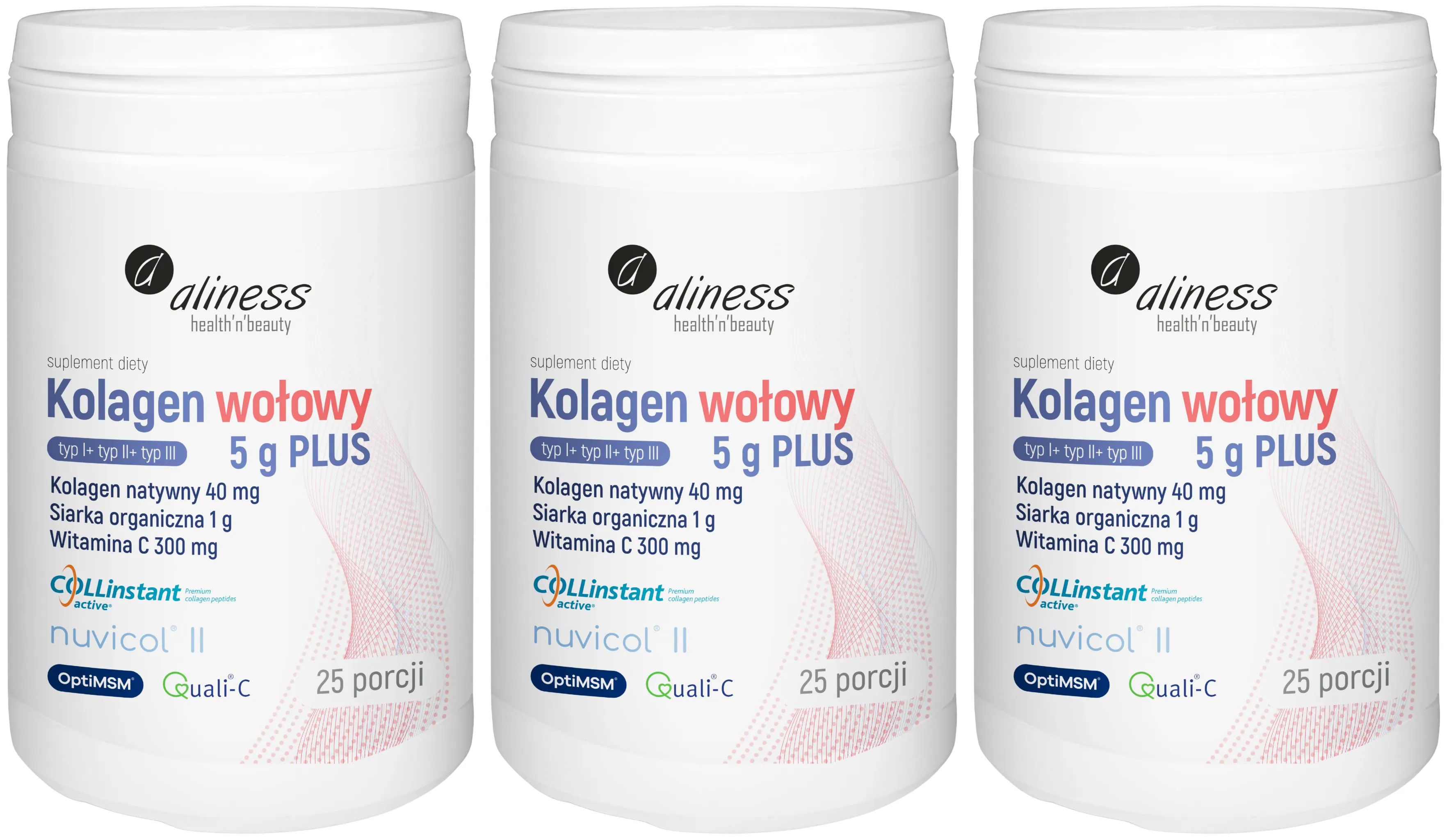 Коллаген говяжий Aliness Plus, 5 г коллагена, с MSM и витамином C, порошок, 3 упаковки