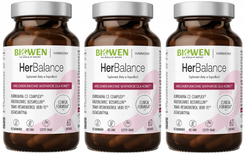 Комплекс для женщин Biowen HerBalance, с куркумином и витаминами D3 и K2, 3 упаковки по 60 капсул