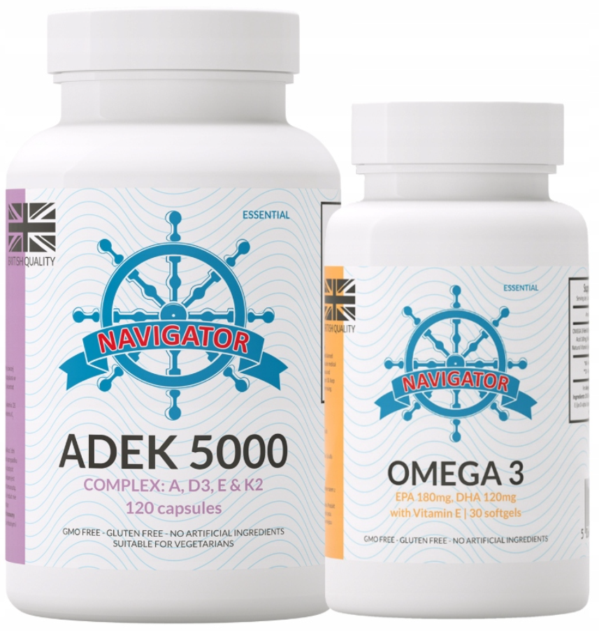 Витамины A, D3, E и K2 Navigator ADEK 5000 Complex, 120 капсул, набор с Омега-3
