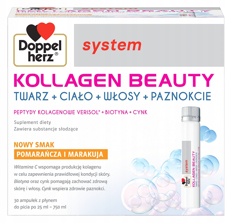 Коллаген Doppelherz System Kollagen Beauty, вкус апельсин и маракуйя, 30 ампул по 25 мл