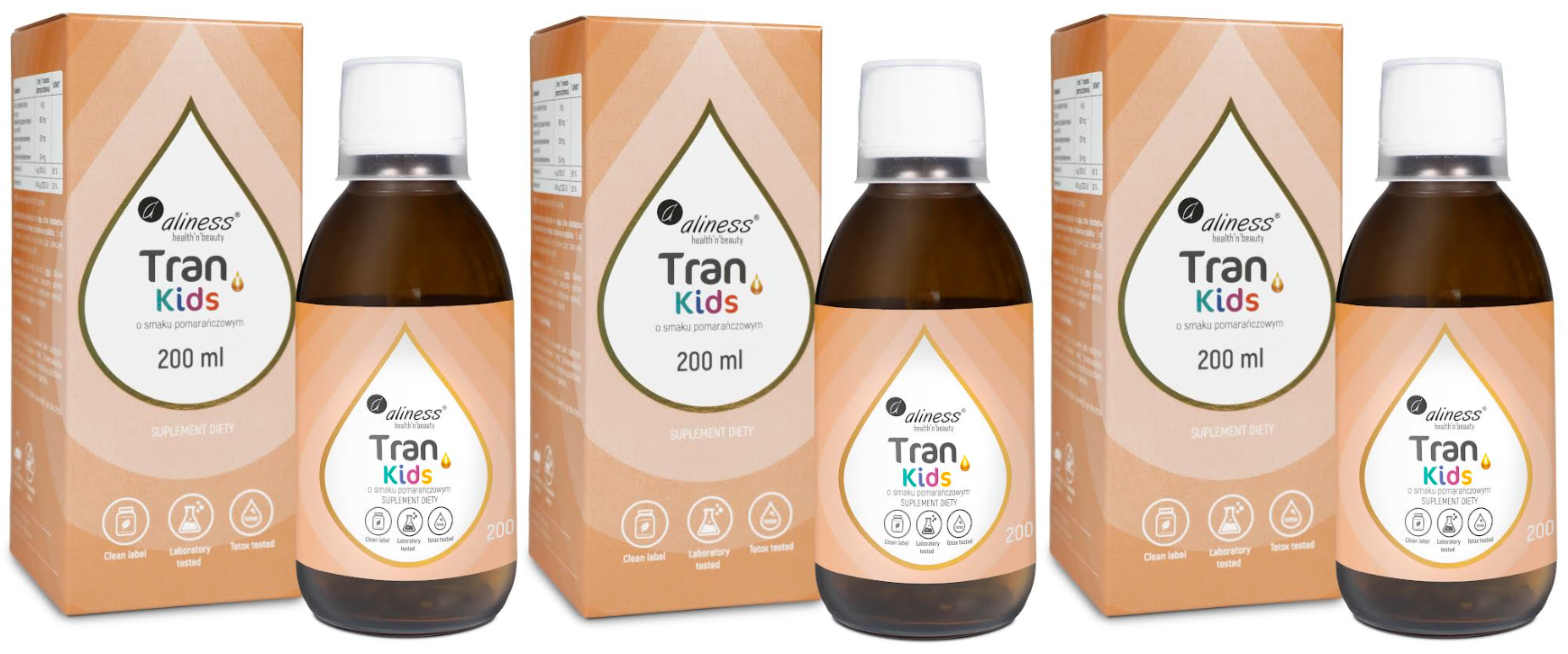 Рыбий жир для детей Aliness Tran Kids, с витамином A 400 мкг, апельсин, от 3 лет, 3 флакона по 200 мл