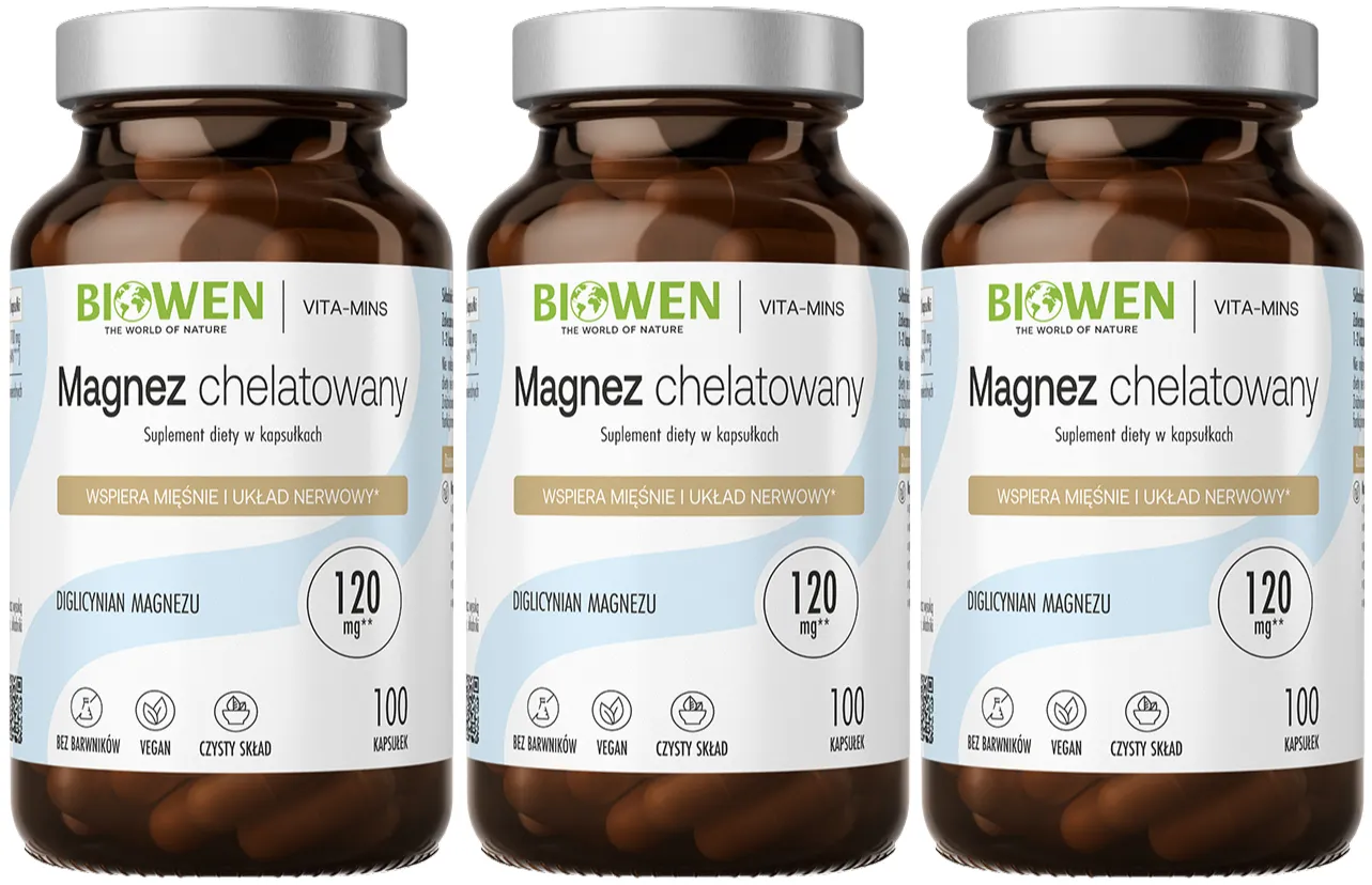 Магний Biowen хелатный, диглицинат магния 850 мг, 3 упаковки по 100 капсул