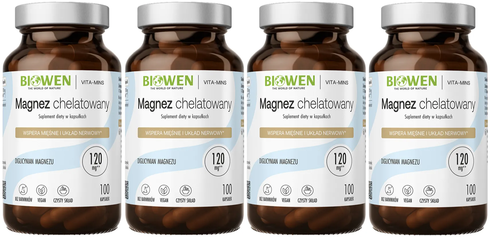 Магний Biowen хелатный, диглицинат магния 850 мг, 4 упаковки по 100 капсул