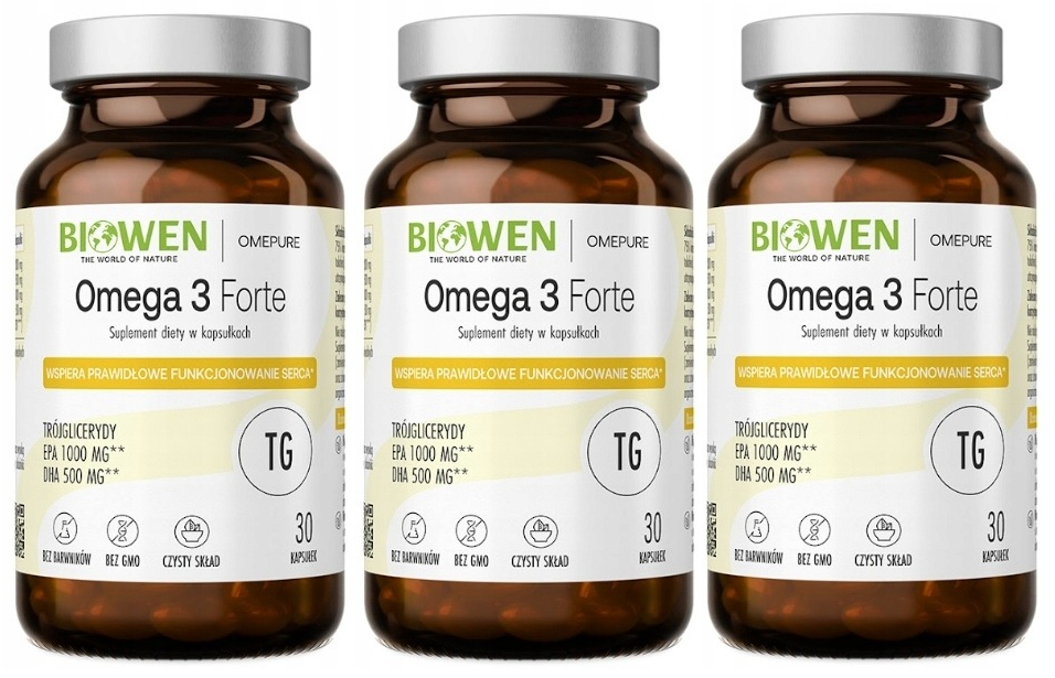 Омега-3 Biowen Omega 3 Forte, EPA 1000 мг и DHA 500 мг, 3 упаковки по 30 капсул