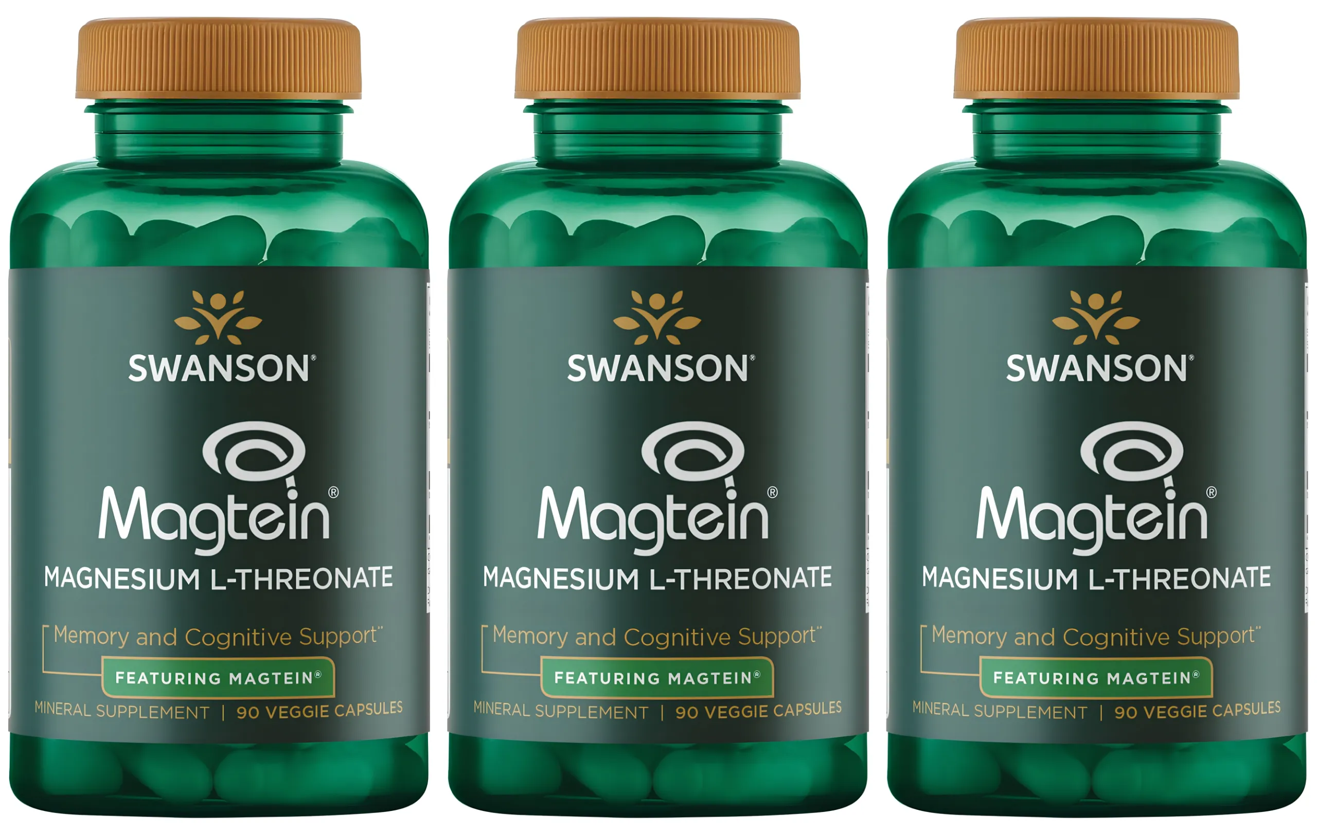 Магний Swanson Magtein, L-треонат магния, для памяти, 3 упаковки по 90 капсул