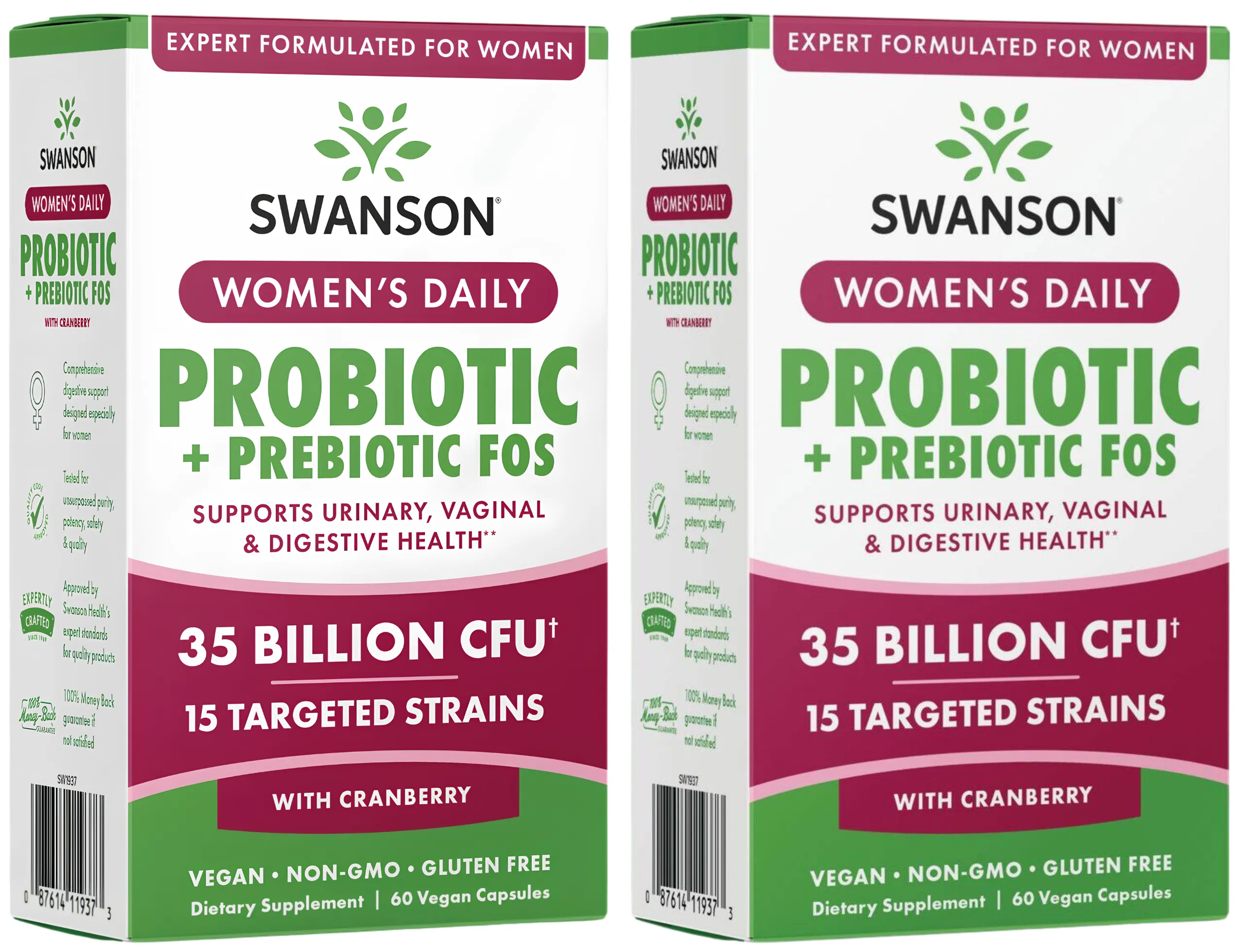 Пробиотик для женщин Swanson Women's Daily Probiotic + Prebiotic FOS, 15 штаммов, с клюквой, 2 упаковки по 60 капсул
