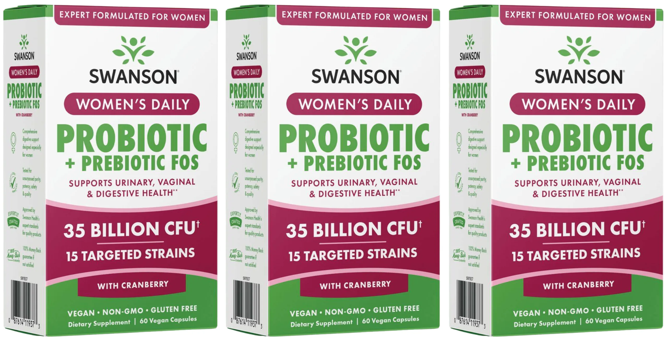 Пробиотик для женщин Swanson Women's Daily Probiotic + Prebiotic FOS, 15 штаммов, с клюквой, 3 упаковки по 60 капсул
