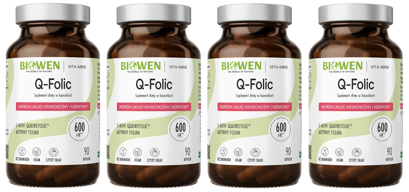 Фолиевая кислота Biowen Q-folic, метилфолат Quatrefolic 600 мкг, 4 упаковки по 90 капсул