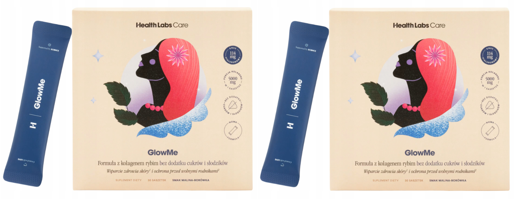 Коллаген Health Labs Care GlowMe, 5000 мг, с гиалуроновой кислотой, малина и черника, 2 упаковки по 30 саше