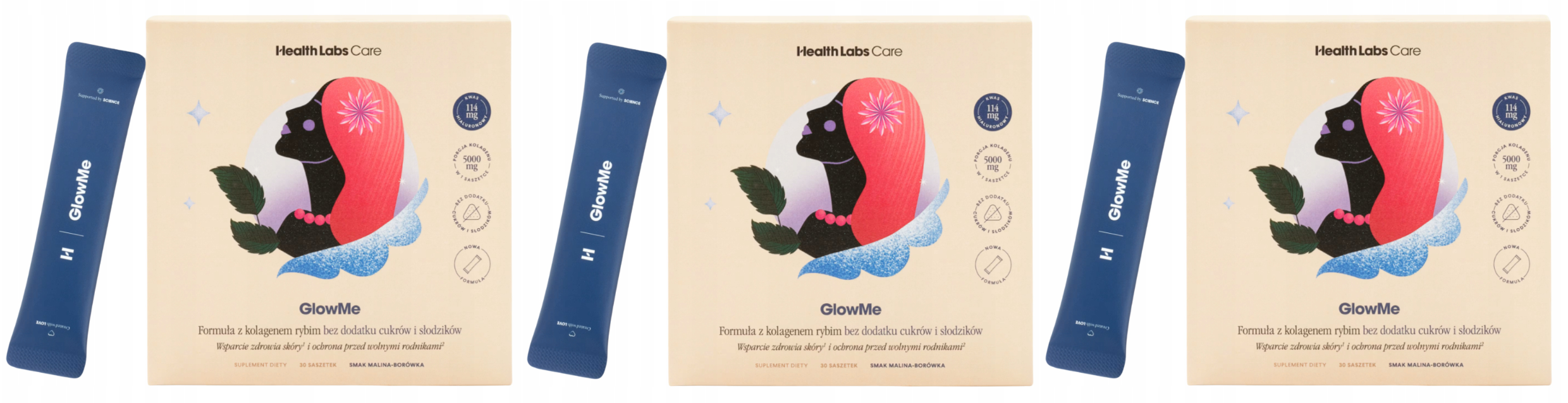 Коллаген Health Labs Care GlowMe, 5000 мг, с гиалуроновой кислотой, малина и черника, 3 упаковки по 30 саше