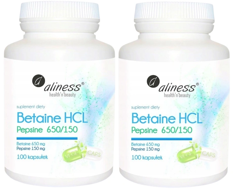 Бетаин и пепсин Aliness Betaine HCL Pepsin 650 и 150 мг, 2 упаковки по 100 капсул