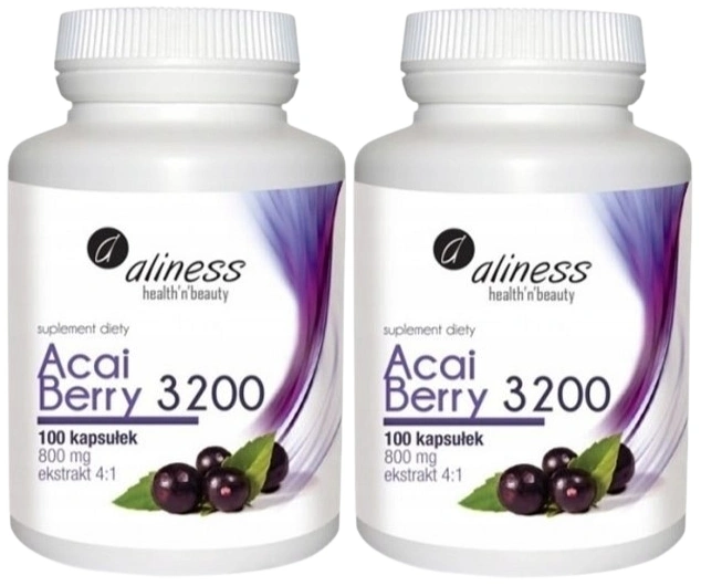 Экстракт асаи Aliness Acai Berry 3200 800 мг, с ацеролой и хромом, 2 упаковки по 100 капсул