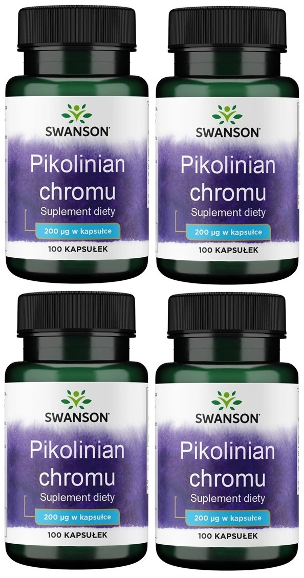 Хром Swanson Chromium Picolinate 200 мкг, пиколинат хрома, 4 упаковки по 100 капсул