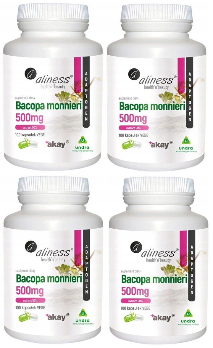 Экстракт бакопы Aliness Bacopa Monnieri 500 мг, бакозиды 50 %, 4 упаковки по 100 капсул
