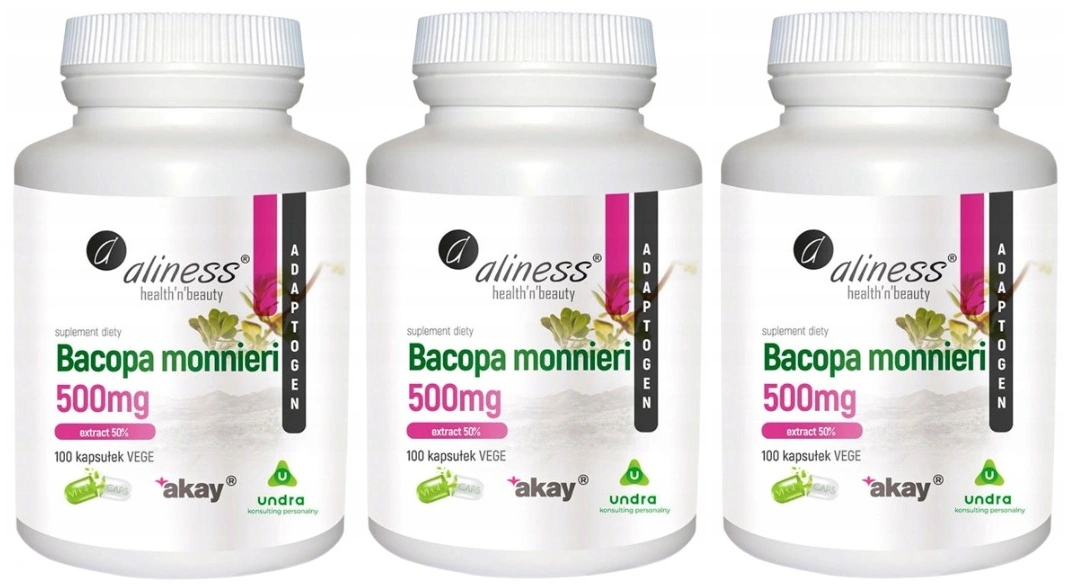 Экстракт бакопы Aliness Bacopa Monnieri 500 мг, бакозиды 50 %, 3 упаковки по 100 капсул