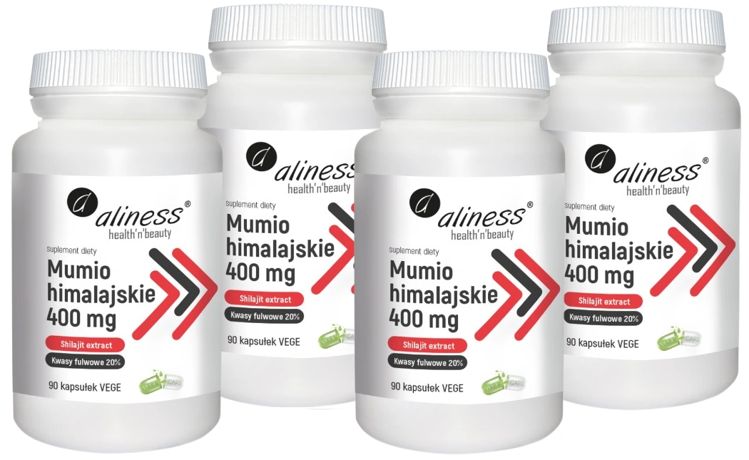 Мумиё Aliness Shilajit Extract 400 мг, фульвовые кислоты, 4 упаковки по 90 капсул