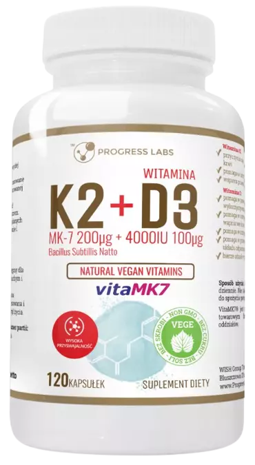 Витамин K2 + D3 Progress Labs VitaMK7 200 мкг + 4000 МЕ, с пребиотиком, 120 капсул