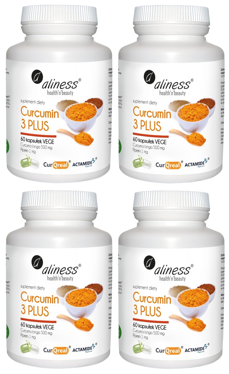 Экстракт куркумы Aliness Curcumin 3 Plus, с пиперином, 500 мг, 4 упаковки по 60 капсул