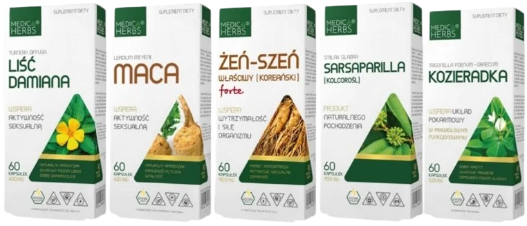 Набор для мужчин Medica Herbs сарсапарилла, мака, пажитник, дамиана и женьшень, капсулы