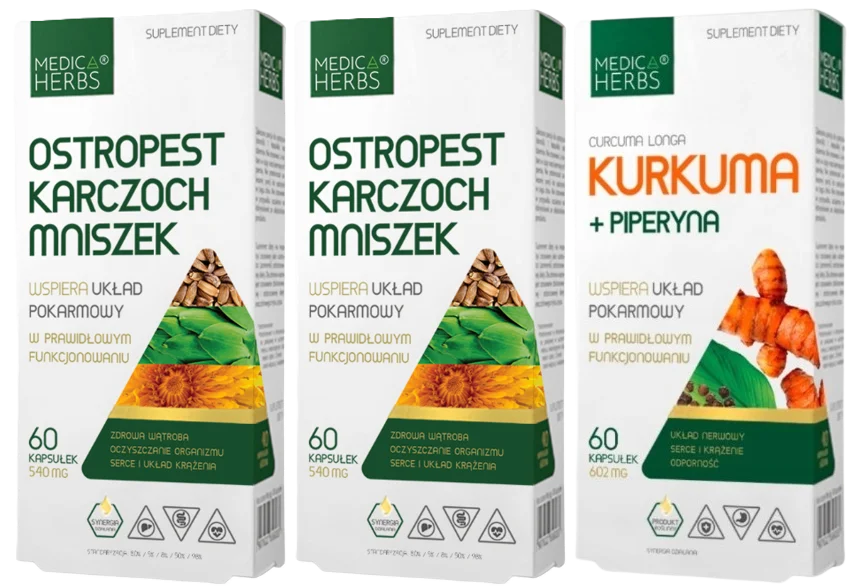 Набор добавок Medica Herbs куркума с пиперином и 2 упаковки расторопши с артишоком, капсулы