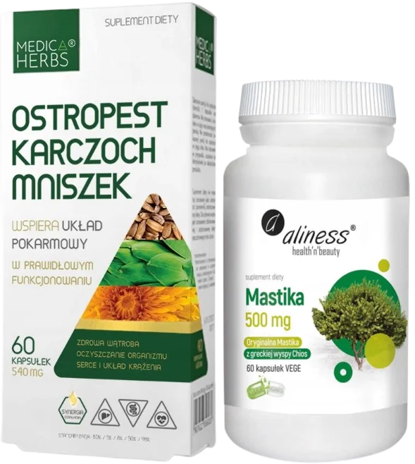 Набор Medica Herbs расторопша, артишок и одуванчик и мастика Aliness 500 мг, капсулы