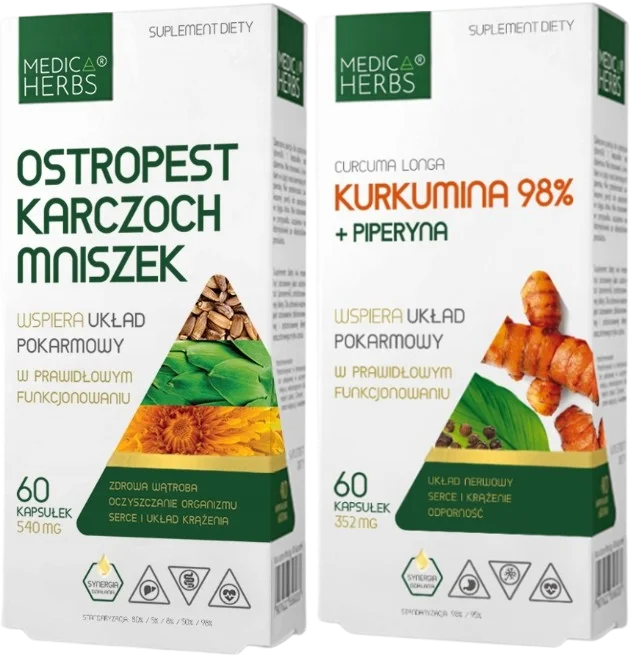 Набор добавок Medica Herbs расторопша с артишоком и куркумин 98% с пиперином, капсулы