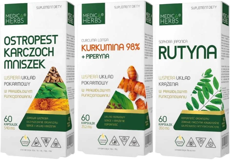 Набор добавок Medica Herbs расторопша с артишоком, куркумин 98% с пиперином и рутин, капсулы