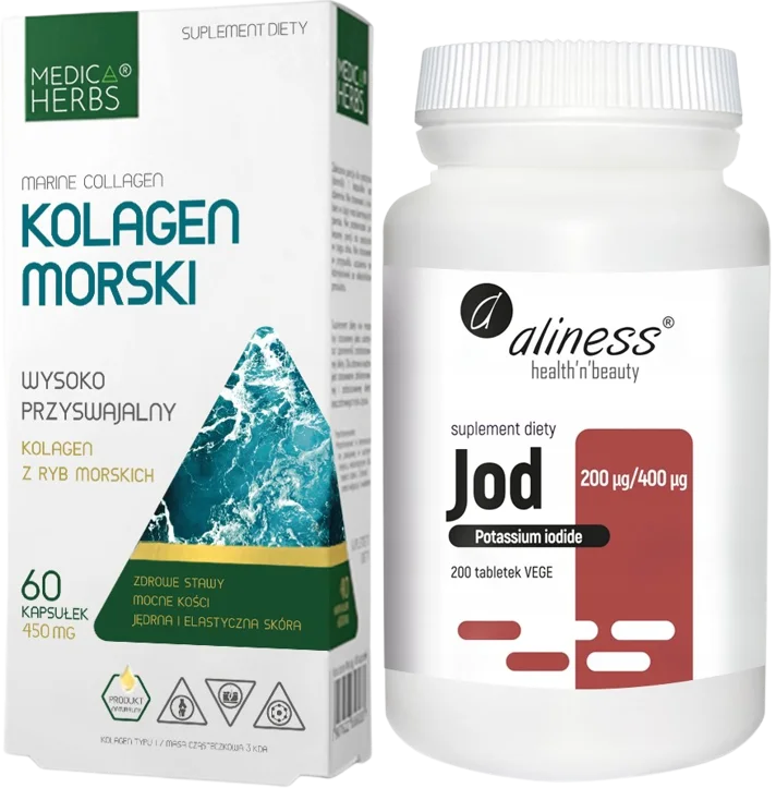 Набор добавок Medica Herbs морской коллаген и Aliness йод 200 мкг, капсулы и таблетки