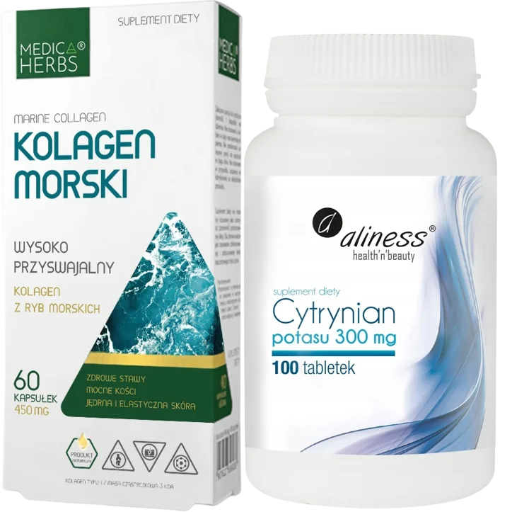 Набор добавок Medica Herbs морской коллаген и Aliness цитрат калия 300 мг, капсулы и таблетки