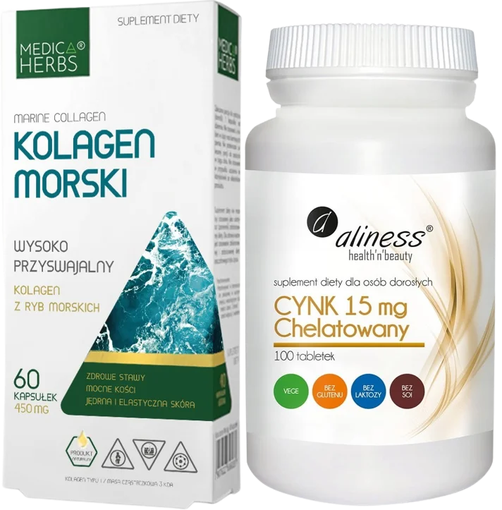 Набор добавок Medica Herbs морской коллаген и Aliness цинк хелат 15 мг, капсулы и таблетки