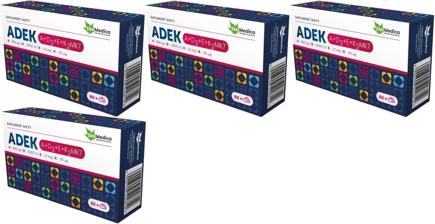 Витамины A, D, E, K EkaMedica ADEK, D3 2000 МЕ, мягкие капсулы, 4 упаковки по 60 капсул
