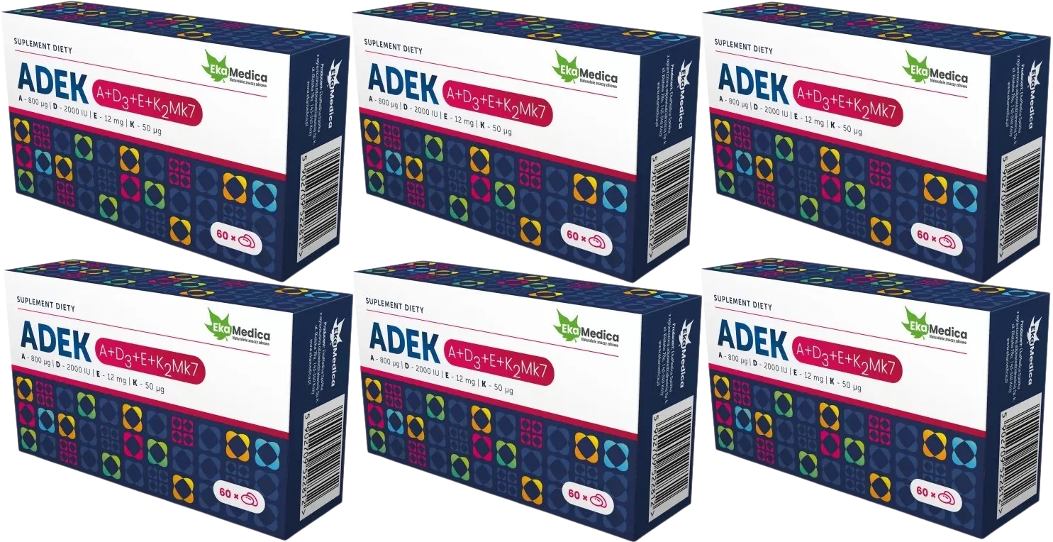 Витамины A, D, E, K EkaMedica ADEK, D3 2000 МЕ, мягкие капсулы, 6 упаковок по 60 капсул